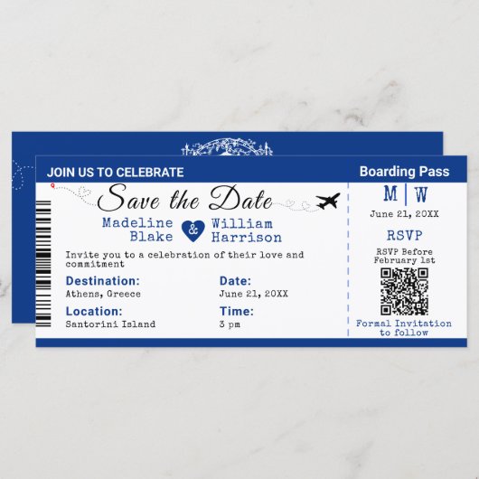 Santorini Skies Boarding Pass Stijl De datum opsla (Voorkant / Achterkant)