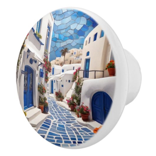 Santorini Street, Griekenland, Grieks dorp Mozaïek Keramische Knop (Rechts)