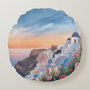 Santorini Stunning Sunset Uitzicht Rond Kussen
