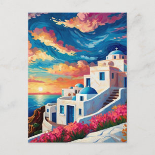 Santorini Sunset, Griekenland - Hot Pink Flowers G Briefkaart