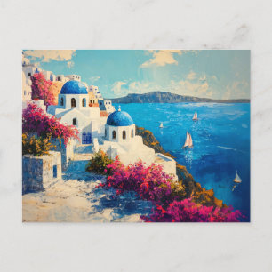 Santorini Vibrant Flowers Digitale olieverfschilde Briefkaart