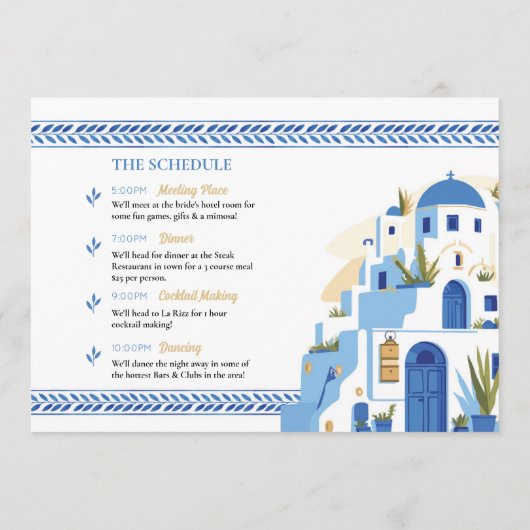 Santorini Vrijgezellenfeest Reisschema blauw Programma (Achterkant)