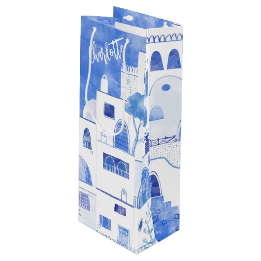 Santorini Waterverf Gepersonaliseerd Wijn Cadeautas (Voorkant Gekanteld)