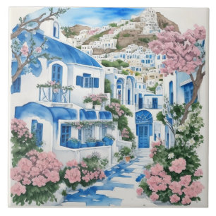Santorini Waterverf huizen & roze bloemen Tegeltje