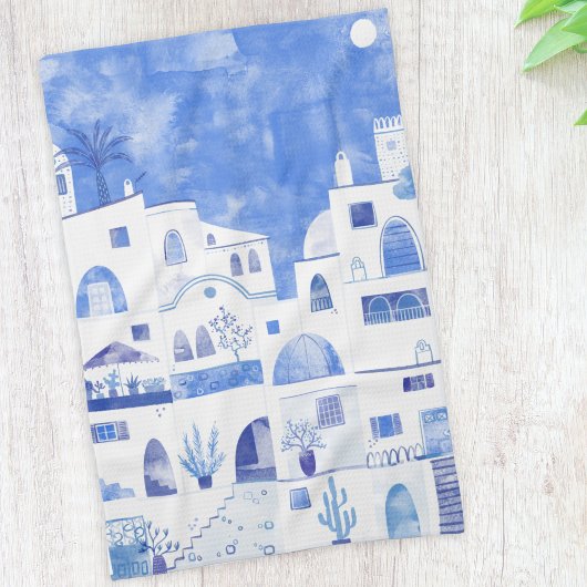 Santorini Waterverf Townscape Theedoek