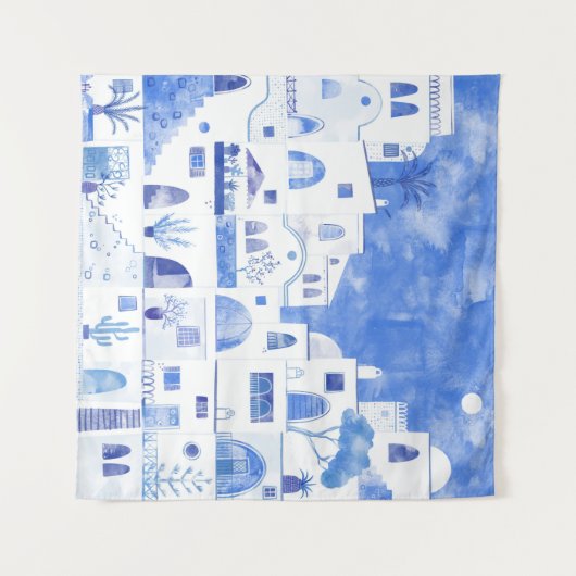 Santorini Waterverf Townscape Wandkleed (Voorkant (horizontaal))