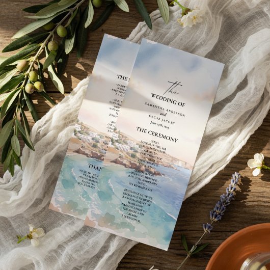 Santorini Wedding Program Template | Mediterranean Menu