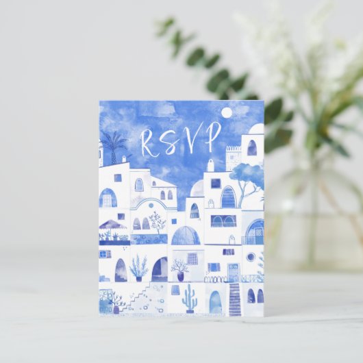 Santorini Wedding RSVP Uitnodiging Briefkaart (Staand voorkant)