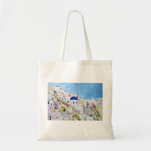 Santoroni Greece Aegean zee waterverf schilderij Tote Bag