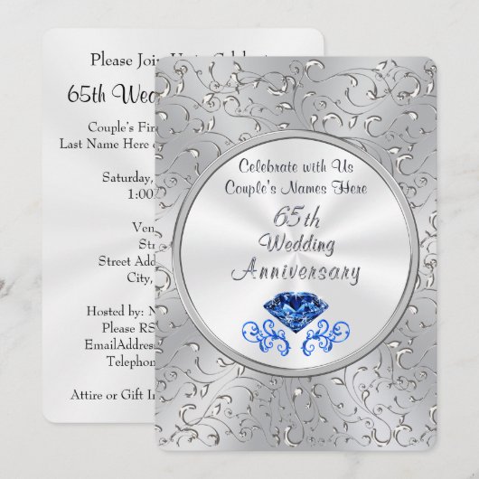 Sapphire 65th Wedding Jubileum Invitations Kaart (Voorkant / Achterkant)