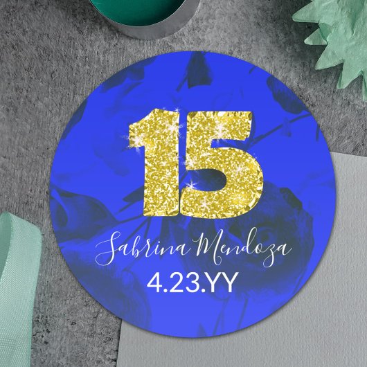 Sapphire Bleu Quinceanera Or #15 Sticker Rond