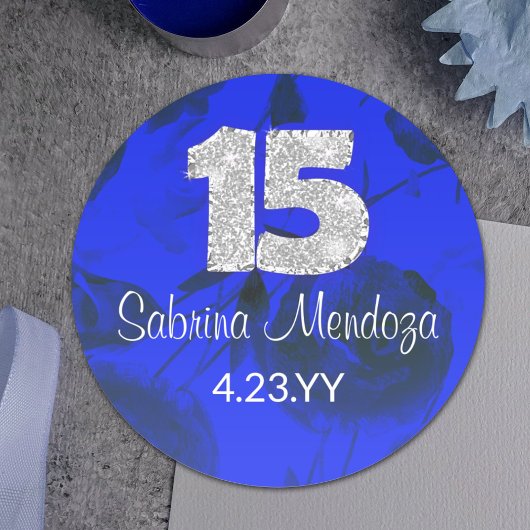 Sapphire Bleu Quinceanera Silver #15 Round Sticker