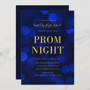 Sapphire Blue Bokeh Lights Gold High School Prom Kaart