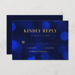 Sapphire Blue Bokeh Lights Gold Wedding RSVP Kaartje
