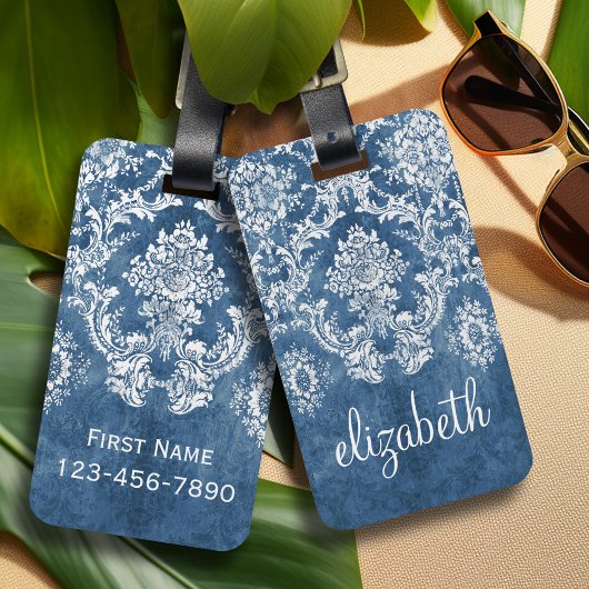 Sapphire Blue Damask Pattern en Name Bagagelabel