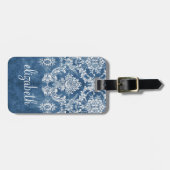 Sapphire Blue Damask Pattern en Name Bagagelabel (Voorkant horizontaal)