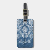 Sapphire Blue Damask Pattern en Name Bagagelabel (Voorkant verticaal)