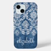 Sapphire Blue Damask Pattern en Name Case-Mate iPhone Case (Achterkant)