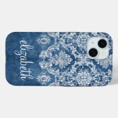 Sapphire Blue Damask Pattern en Name Case-Mate iPhone Case (Achterkant (horizontaal))