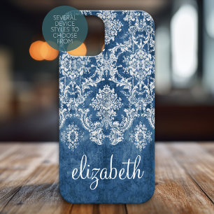 Sapphire Blue Damask Pattern en Name Case-Mate iPhone 14 Pro Max Hoesje