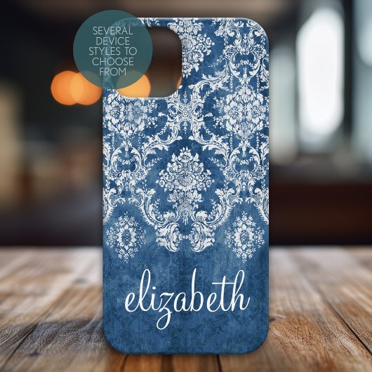 Sapphire Blue  Damask Pattern en Name Case-Mate iPhone Case