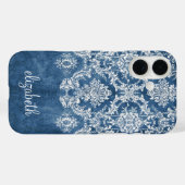 Sapphire Blue  Damask Pattern en Name Case-Mate iPhone Case (Achterkant (horizontaal))