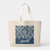 Sapphire Blue  Damask Pattern en Name Grote Tote Bag (Achterkant)