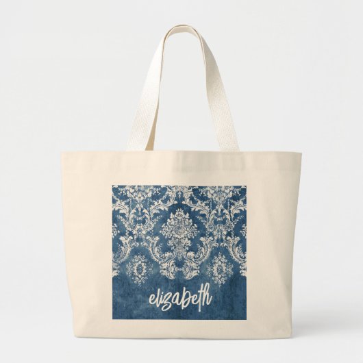 Sapphire Blue  Damask Pattern en Name Grote Tote Bag (Voorkant)