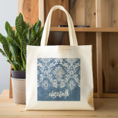 Sapphire Blue  Damask Pattern en Name Grote Tote Bag