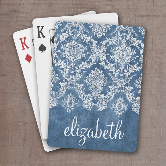 Sapphire Blue  Damask Pattern en Name Pokerkaarten