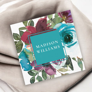Sapphire Blue en Burgundy Wine Waterverf Floral Vierkante Visitekaartje