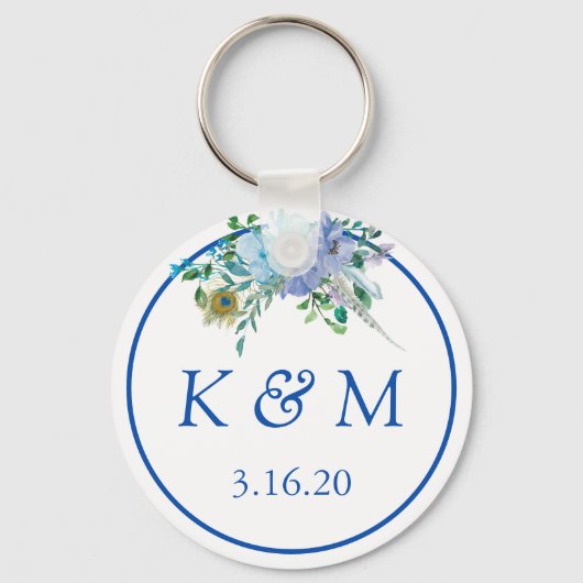 Sapphire Blue Floral Monogram Wedding Favor Sleutelhanger (Voorkant)