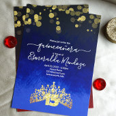 Sapphire Blue, Gold Tiara Quinceanera Invitation