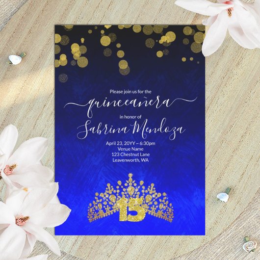 Sapphire Blue, Gold Tiara Quinceanera Invitation