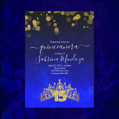 Sapphire Blue, Gold Tiara Quinceanera Invitation