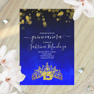 Sapphire Blue, Gold Tiara Quinceanera Invitation Kaart