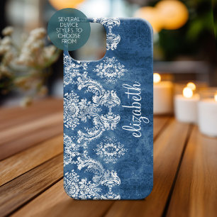 Sapphire Blue Moody Damask Pattern en Name Case-Mate iPhone 14 Plus Hoesje