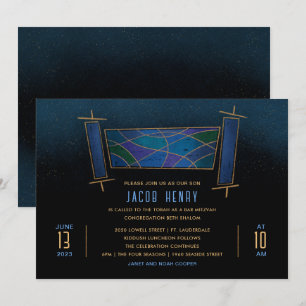 Sapphire Blue Mosaic Torah Scroll Bar/Bat Mitzvah Kaart