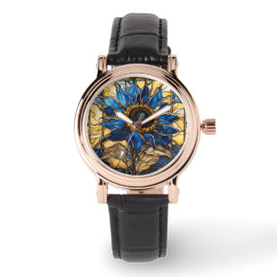 Sapphire Blue N Gold Glas in lood Zonnebloem Horloge