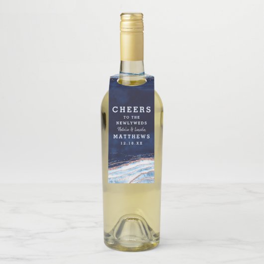 Sapphire Blue Roos Gold bruiloft Proost & Dank u Flessenhanger (Op fles)