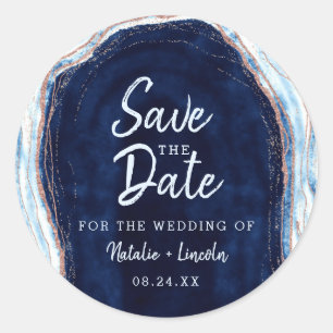 Sapphire Blue Roos Gold Geode Agaat Save the Date Ronde Sticker