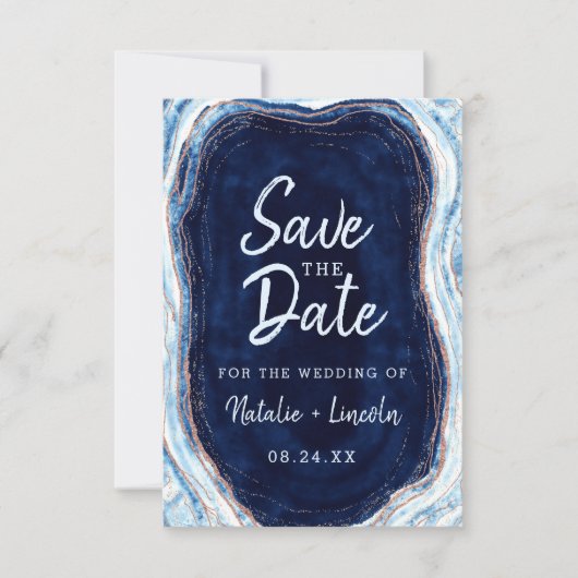 Sapphire Blue Roos Gold Geode Agate Marble Modern Save The Date (Voorkant)