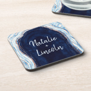 Sapphire Blue Roos Gold Geode WeddenMonogram Bier Onderzetter