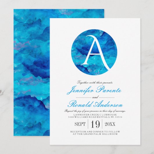 Sapphire Cloud Window Monogram Weddenschap Kaart (Voorkant / Achterkant)
