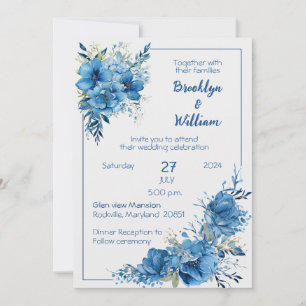 Sapphire Elegance Blauw Bloemen Bruiloft Uitnodigi Kaart