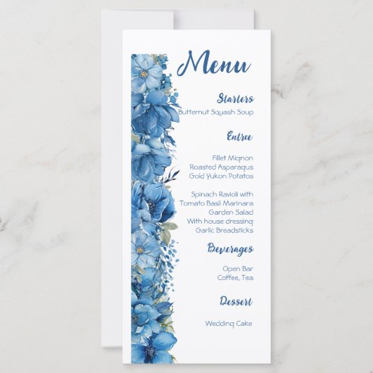 Sapphire Elegance Blauw en Wit Bruiloft Menu (Voorkant)