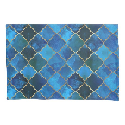 Sapphire Gemstone & Gold Moroccan Tegel Pattern Kussensloop (Voorkant)