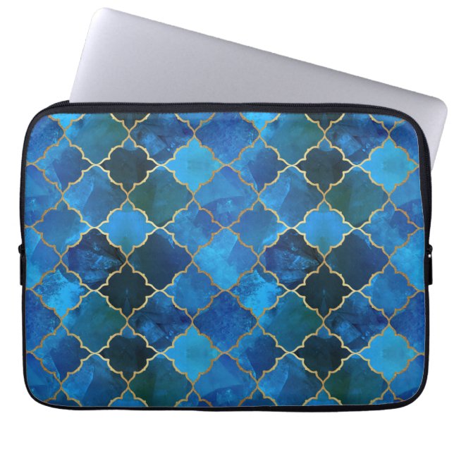 Sapphire Gemstone & Gold Moroccan Tegel Pattern Laptop Sleeve (Voorkant)