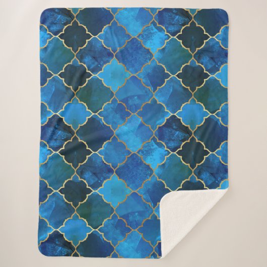 Sapphire Gemstone & Gold Moroccan Tegel Pattern Sherpa Deken (Voorkant)
