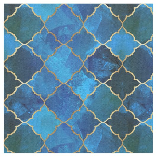 Sapphire Gemstone & Gold Moroccan Tegel Pattern Stof (Close Up)